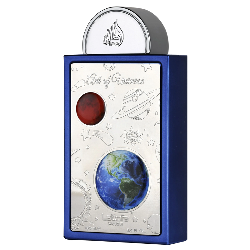 Lattafa Pride Art of Universe 100ml perfume bottle, featuring a blue case and a silver cosmic panel showing Earth and a red planet.