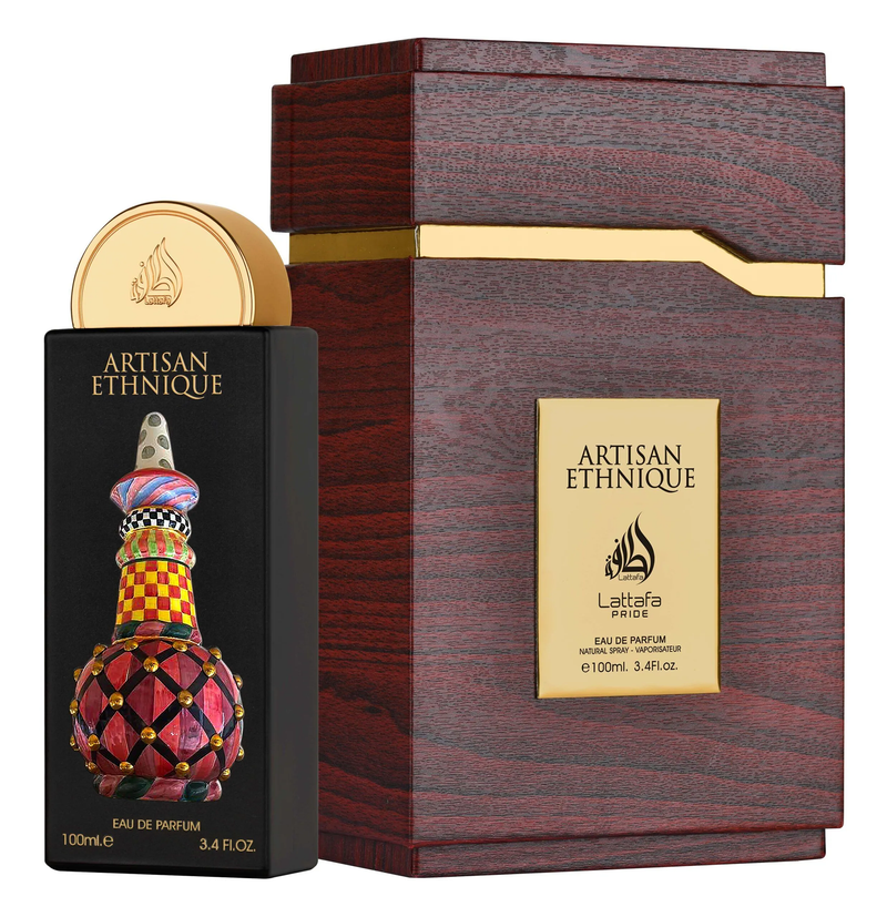 Artisan Ethnique Lattafa perfume bottle with decorative design beside elegant wooden box.