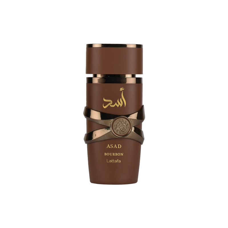 Lattafa Asad Bourbon perfume bottle in brown with gold Arabic script and decorative metallic design.