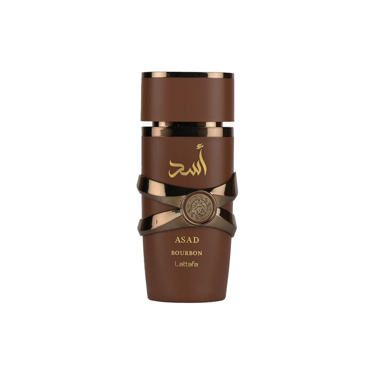 Lattafa Asad Bourbon perfume bottle in brown with gold Arabic script and decorative metallic design.