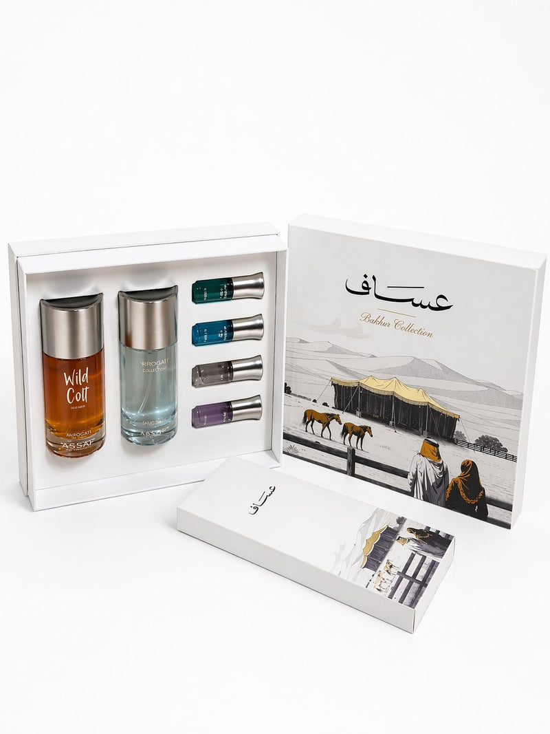Assaf Bakhur Collection gift set with Wild Colt perfume, additional bottle, and mini fragrance oils in a presentation box.