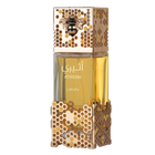 Golden perfume bottle with honeycomb-patterned casing, bee emblem cap, and Atheeri Lattafa branding.