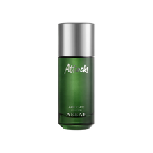 Assaf Arrogate Attacks perfume in a metallic green cylindrical bottle with a silver cap.