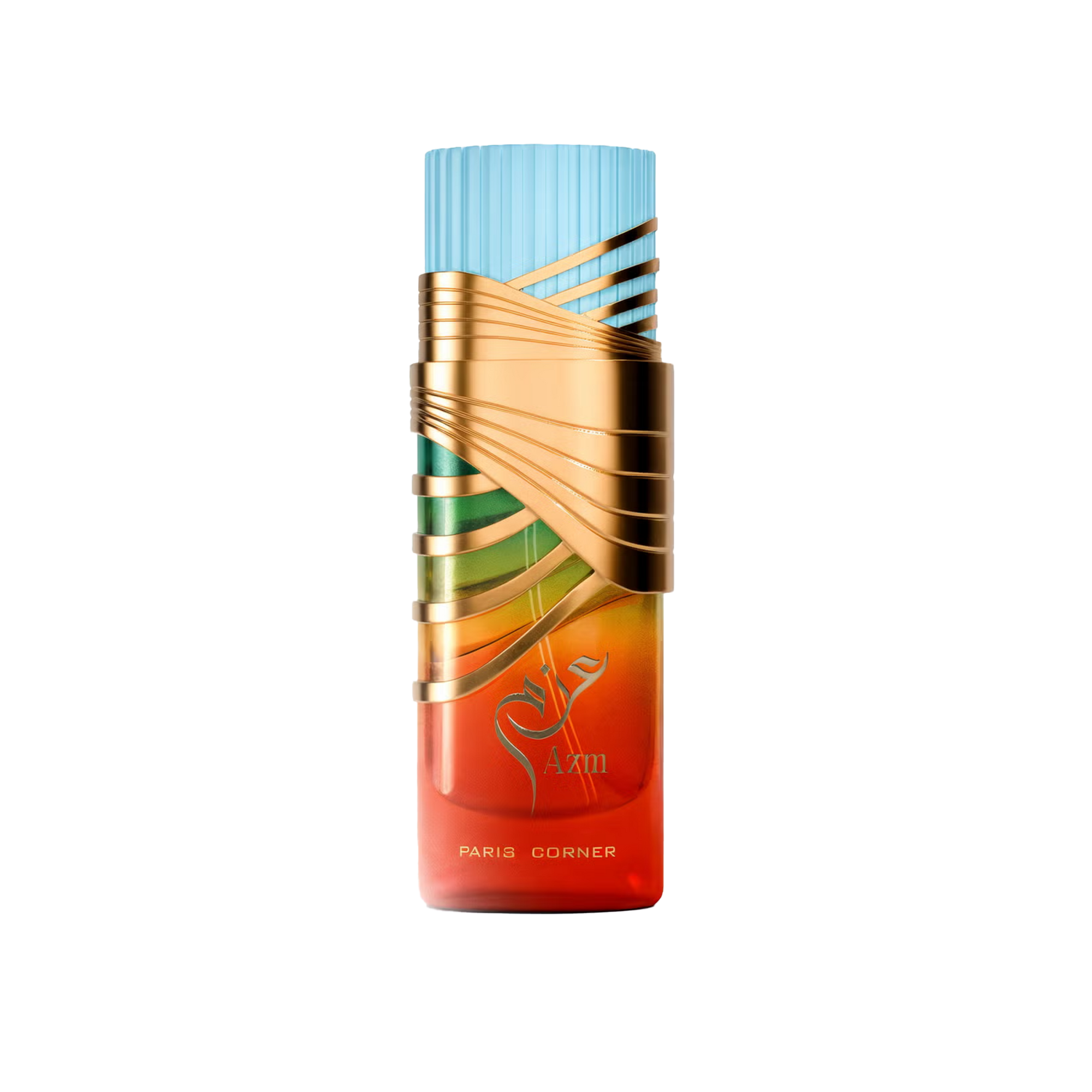 Multicolor perfume bottle with gold diagonal accents, blue cap, and Azm Paris Corner branding