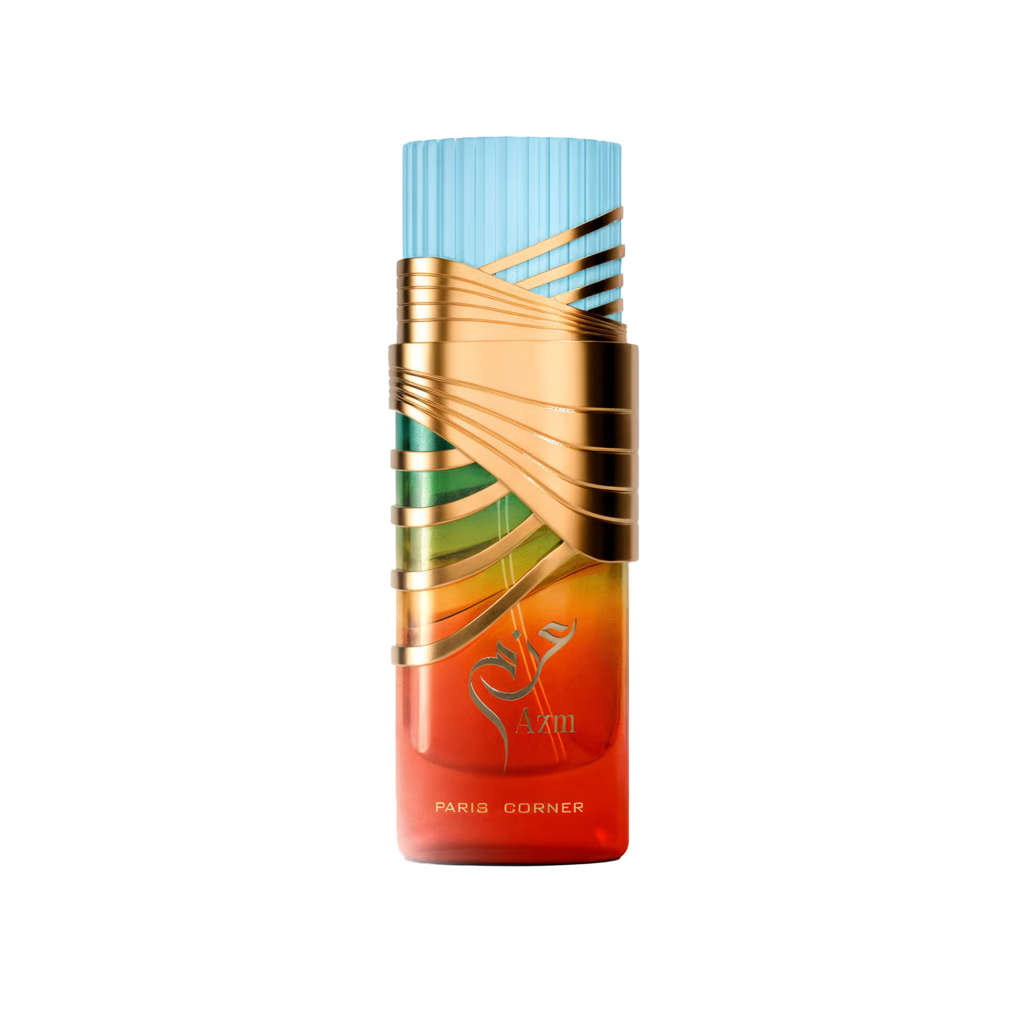 Multicolor perfume bottle with gold diagonal accents, blue cap, and Azm Paris Corner branding