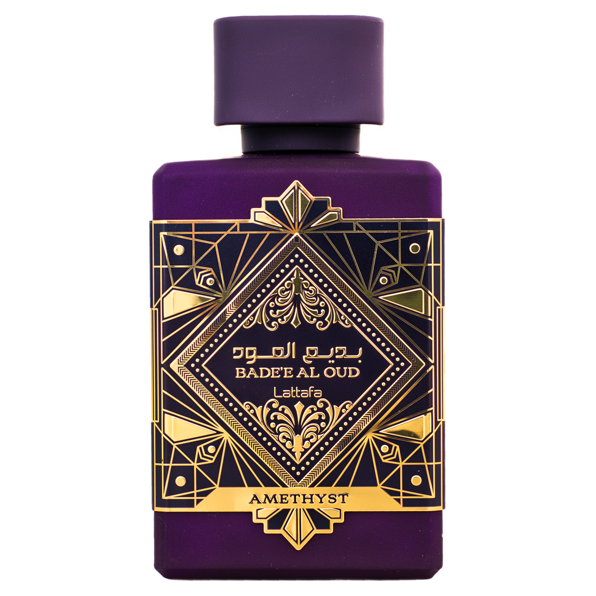Purple Bade’e Al Oud Amethyst perfume bottle with gold geometric label on white background.
