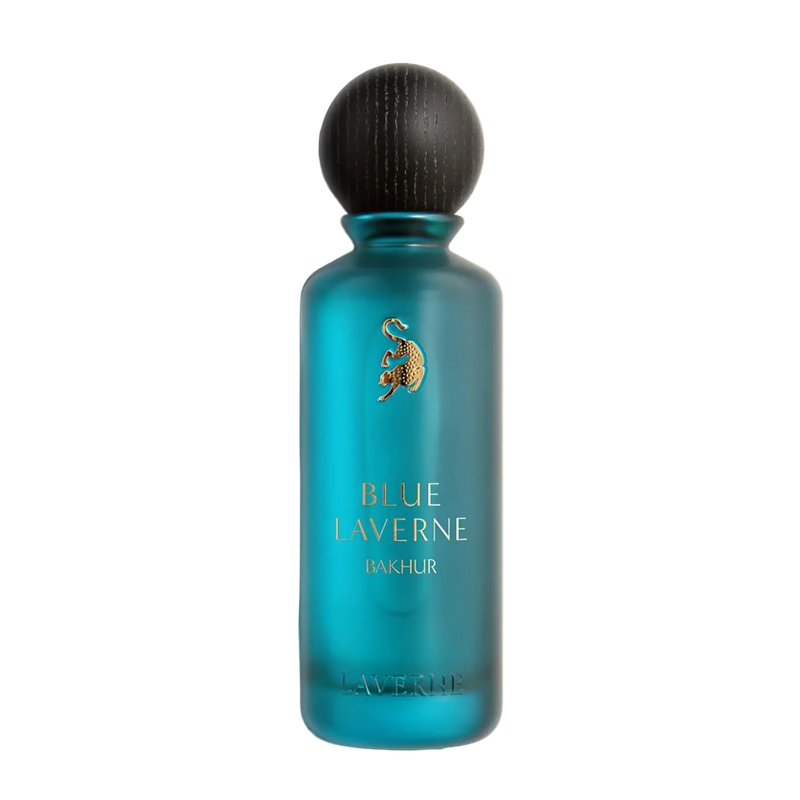 Teal blue frosted Blue Laverne Bakhur perfume bottle with black rounded cap.
