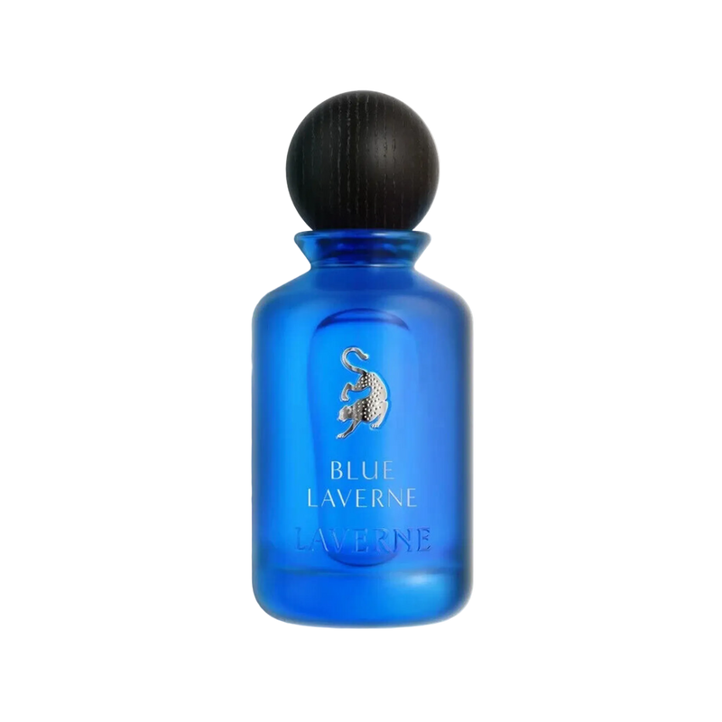 Cobalt blue frosted Blue Laverne perfume bottle with black rounded cap.