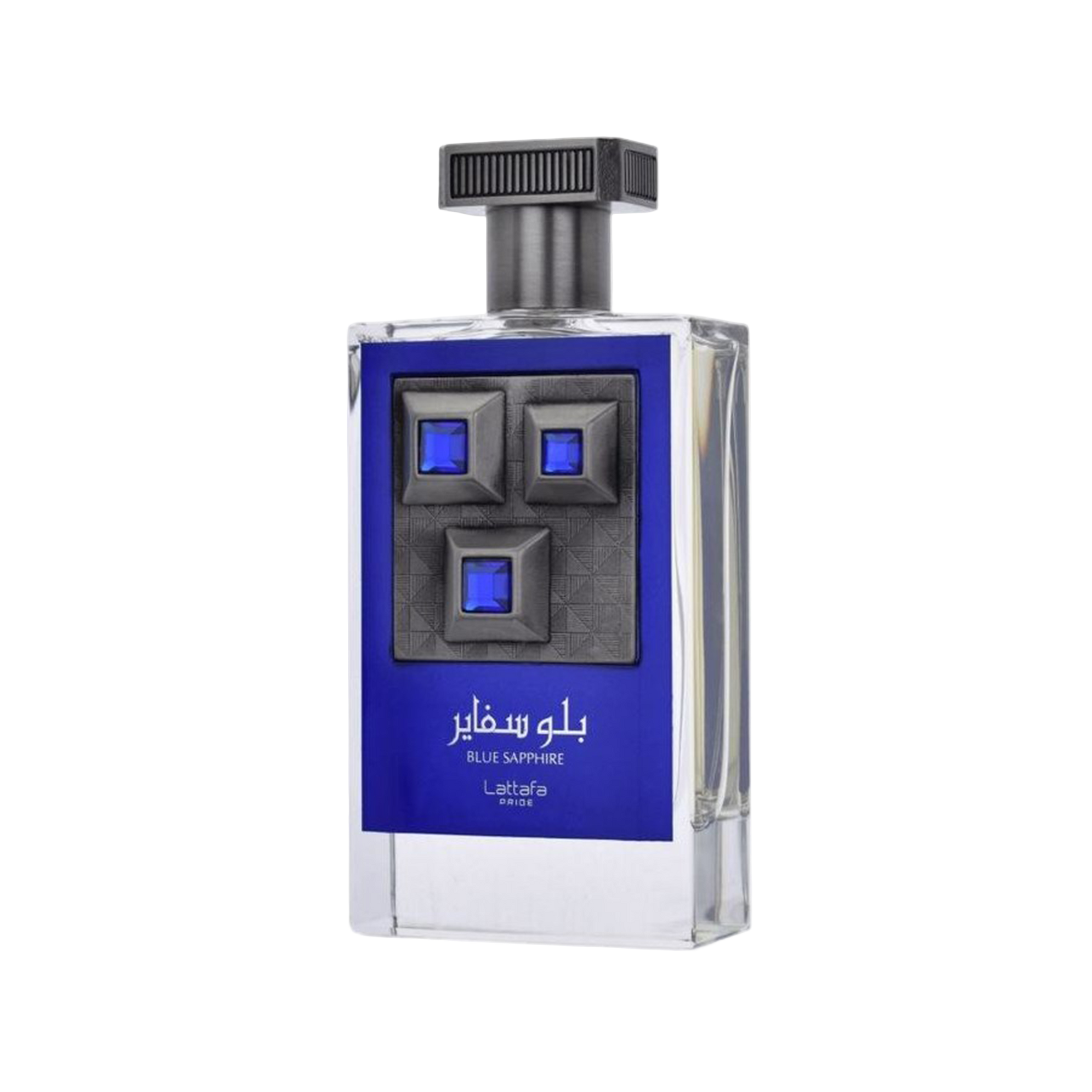 Lattafa Pride Blue Sapphire perfume bottle featuring a dark blue label, clear glass, and a prominent gunmetal plate with three blue square gems.lattafa-pride-blue-sapphire-perfume-bottle.jpg