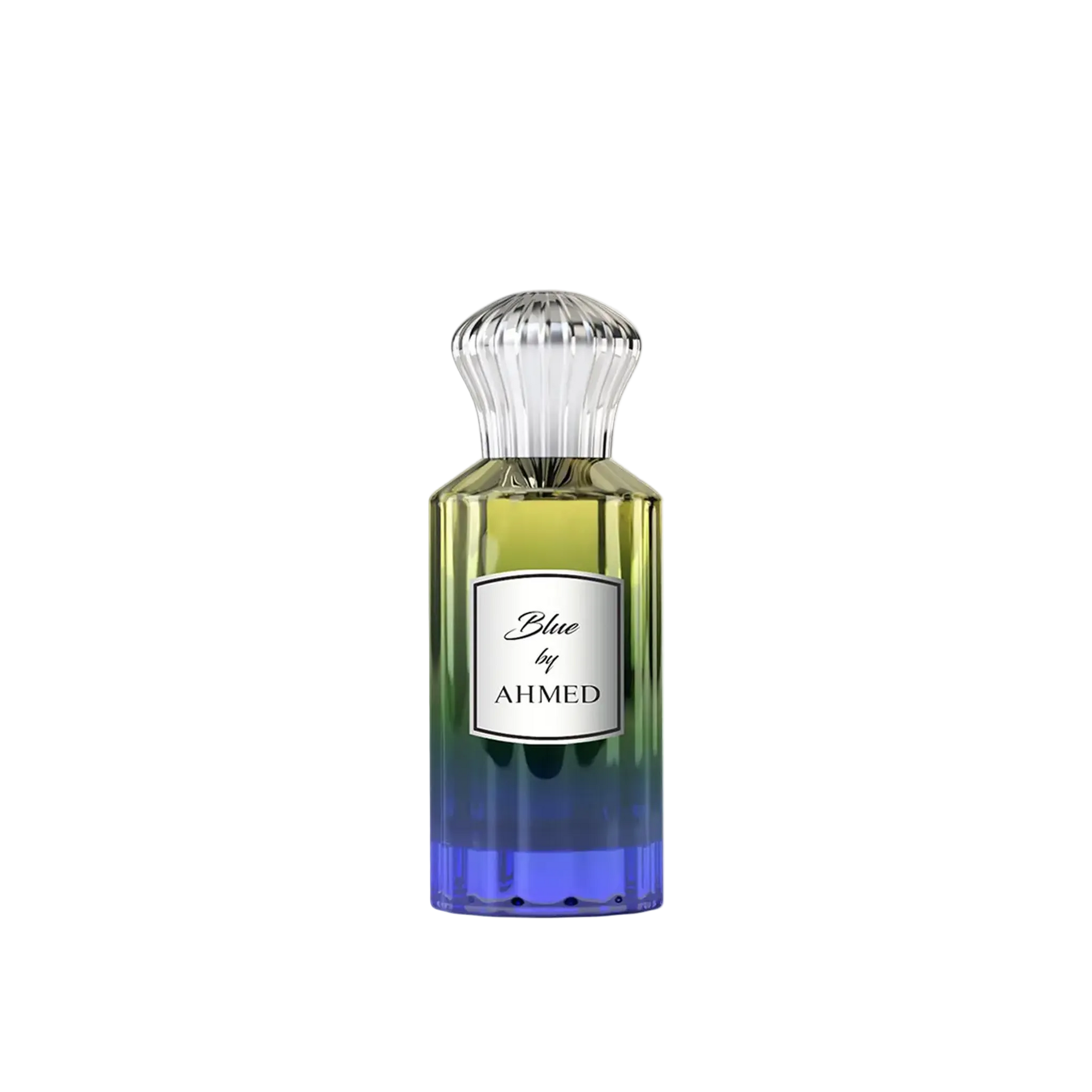 Blue by Ahmed perfume bottle featuring a tall glass design with a green-to-deep-blue finish, a clear ribbed cap, and a white label on the front.