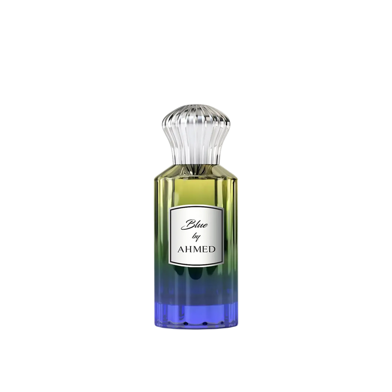 Blue by Ahmed perfume bottle featuring a tall glass design with a green-to-deep-blue finish, a clear ribbed cap, and a white label on the front.