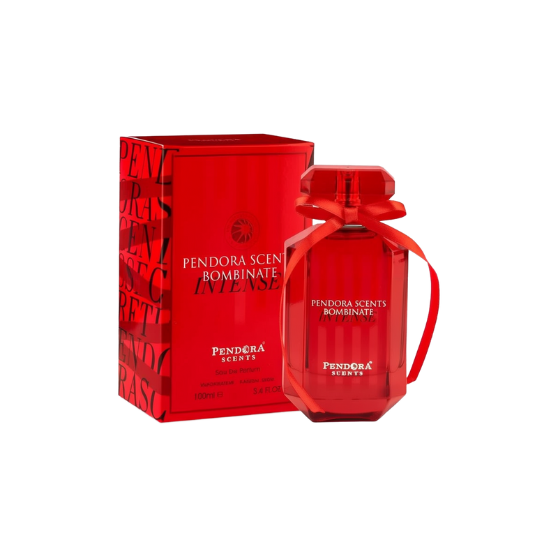 A vibrant, ruby-red faceted glass bottle of Bombinate Intense by Pandora Scents, wrapped with a matching red ribbon, displayed beside its coordinating glossy red box adorned with bold black lettering and brand details.