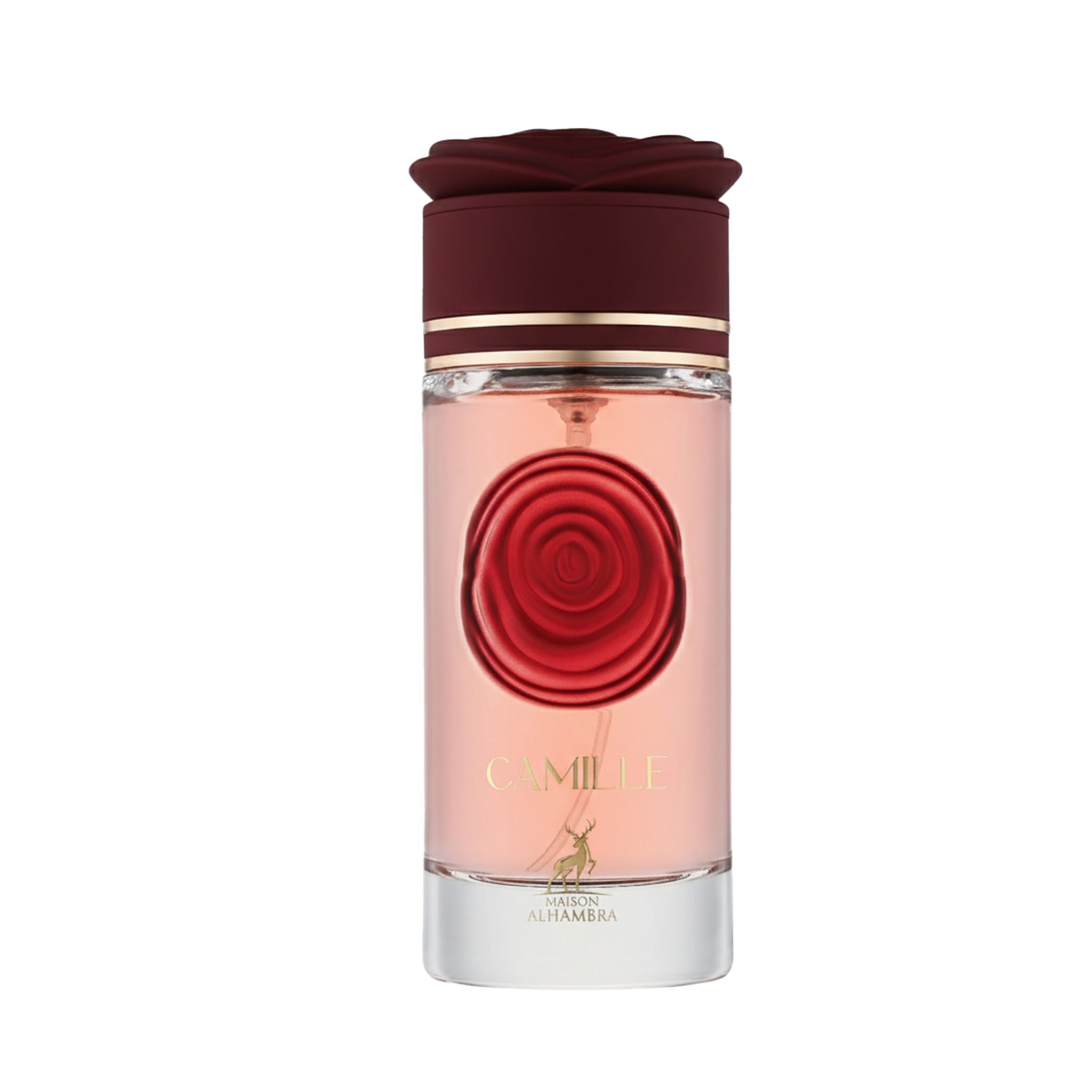 Elegant perfume bottle of Maison Alhambra Camille with rose-shaped detail and pink fragrance liquid.