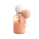 Peach gradient perfume bottle with round cap, cat emblem, and pink pom pom charm labeled “Can’t Forget Me”.