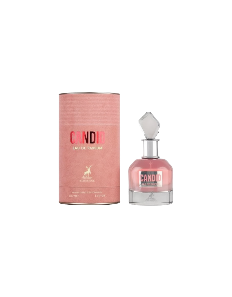 Maison Alhambra Candid Eau De Parfum 100ml bottle with matching pink cylindrical packaging. The perfume bottle has a clear, faceted cap and contains a pink-hued fragrance.