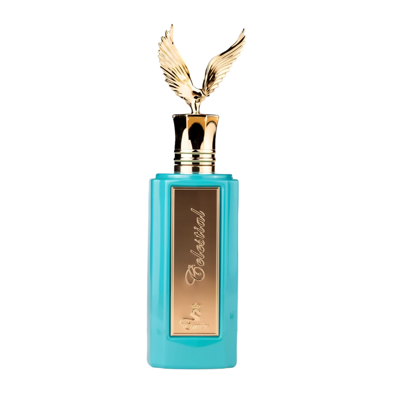 A striking perfume bottle labeled "Celestial" by Emir, a Paris Corner product. The bottle is a vibrant turquoise color with a sleek rectangular shape. A gold plaque is prominently displayed on the front, with the fragrance name "Celestial" written in eleg