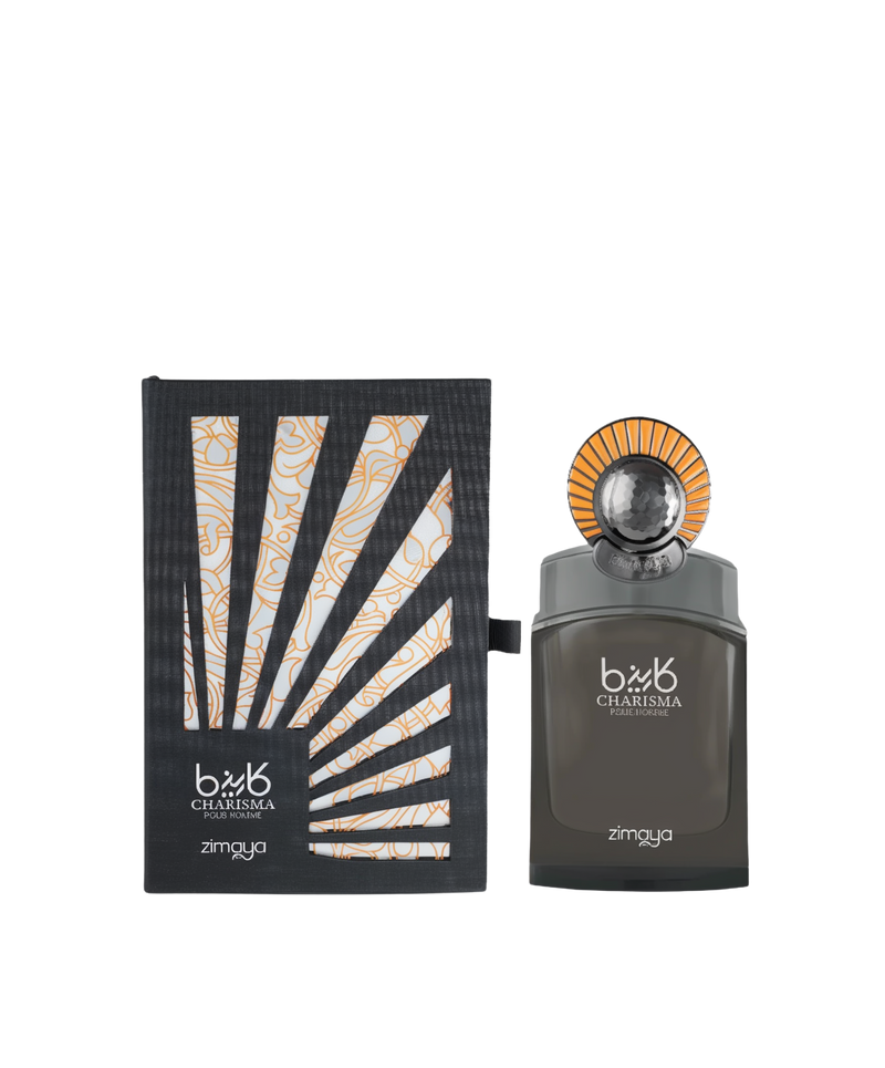 A 100ml bottle of Charisma Pour Homme Eau De Parfum by Zimaya, featuring a sleek dark grey design with a bold round cap accented in metallic silver and orange detailing. The packaging includes a stylish black box with geometric cut-outs revealing an intricate golden pattern underneath, adding a modern and luxurious touch.