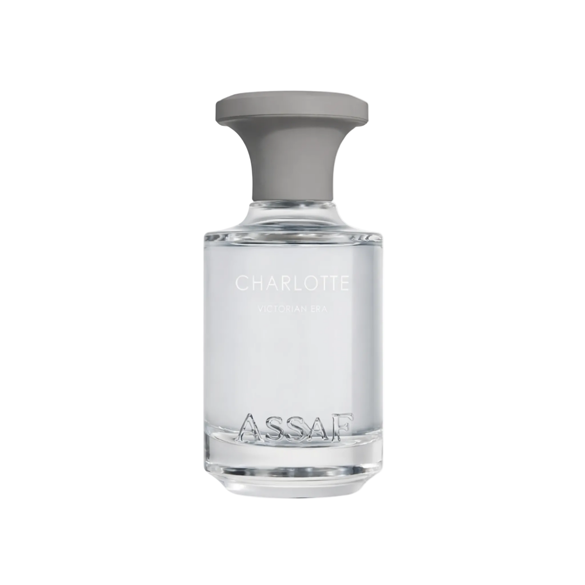 Clear light perfume bottle with grey cap labelled “Charlotte Victorian Era”.