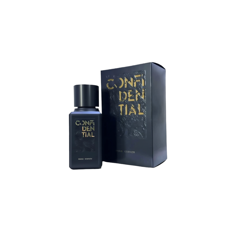 A tall, rectangular black perfume bottle with a cylindrical cap, featuring embossed gold “CONFIDENTIAL” text by Paris Corner, shown next to a matching black box with the same gold lettering.