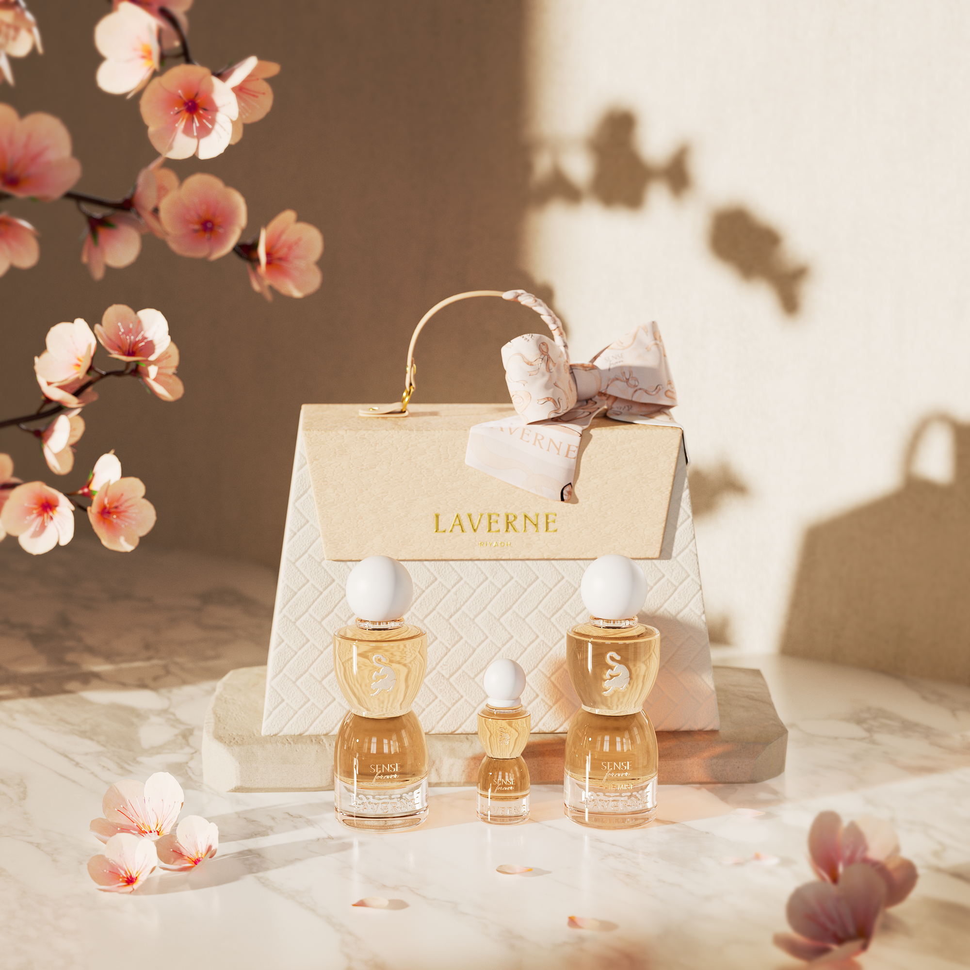 Laverne Sense Forever perfume trio arranged before a textured gift bag, with soft pink blossoms and warm light.