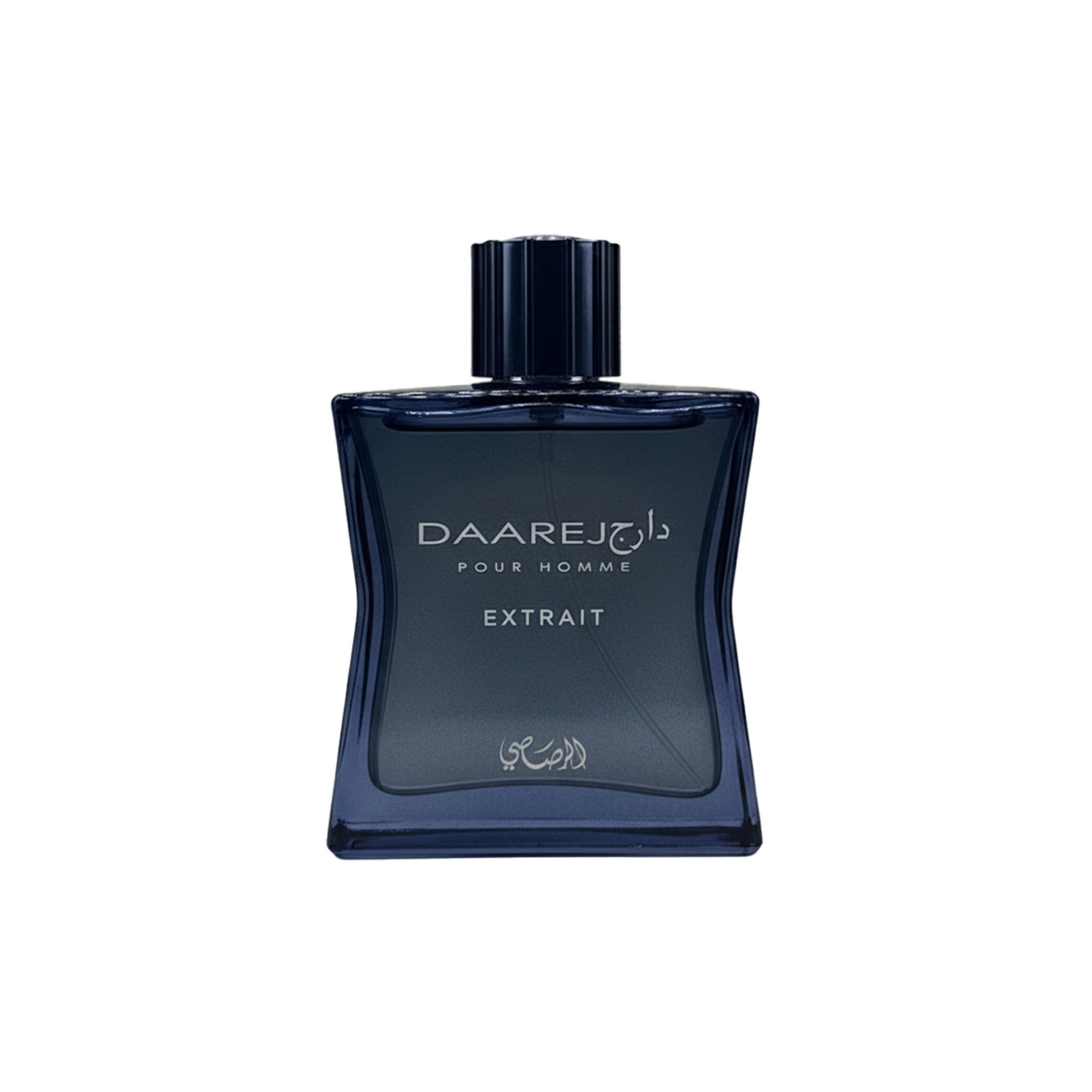 Daarej Pour Homme Extrait perfume bottle in dark blue glass with minimalist silver lettering.