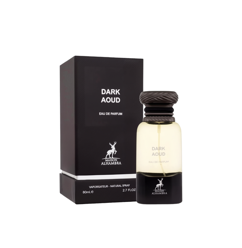 A translucent perfume bottle with a dark, textured cap, labeled “Dark Aoud Eau De Parfum” by Maison Alhambra, shown next to a matching black box featuring the same name and brand logo.