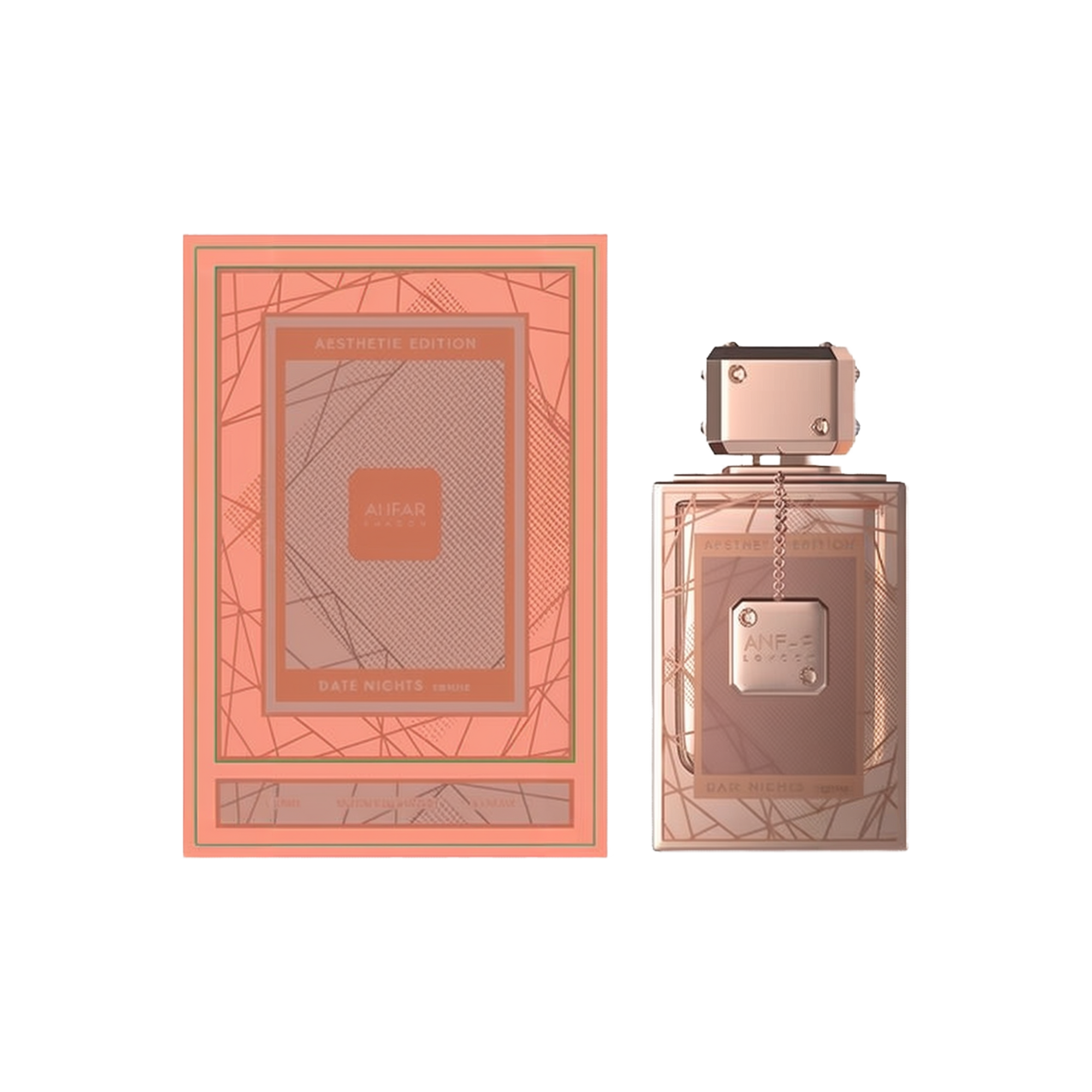 The image features the "Date Nights Femme Extrait De Parfum" from the "Aesthetic Edition" by Anfar. The perfume bottle has a sophisticated rose-gold metallic finish, adorned with intricate geometric patterns that add an elegant touch. It is topped with a 