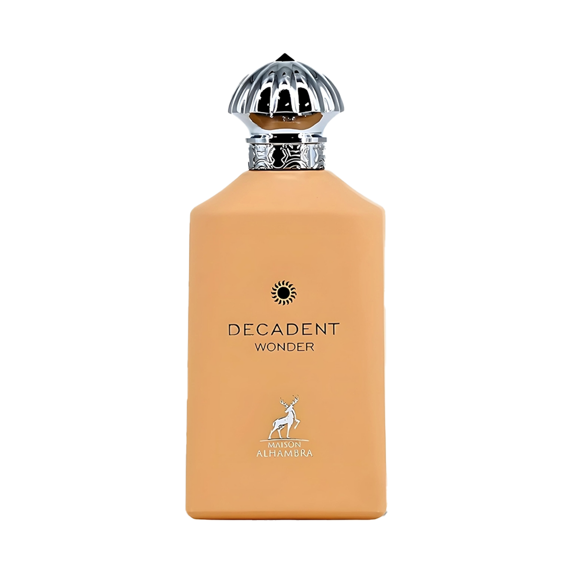 Maison Alhambra Decadent Wonder perfume bottle in matte beige with silver dome cap.