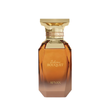 Amber-toned faceted perfume bottle with gold cap and Delicious Bouquet Afnan branding.