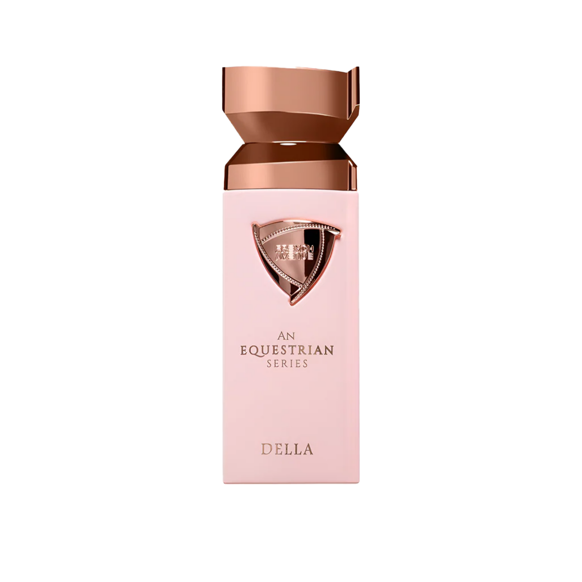 Elegant blush pink Della perfume bottle featuring a rose gold shield emblem and a faceted metallic cap on a white background.della-equestrian-series-blush-pink-rose-gold-perfume-bottle.jpg