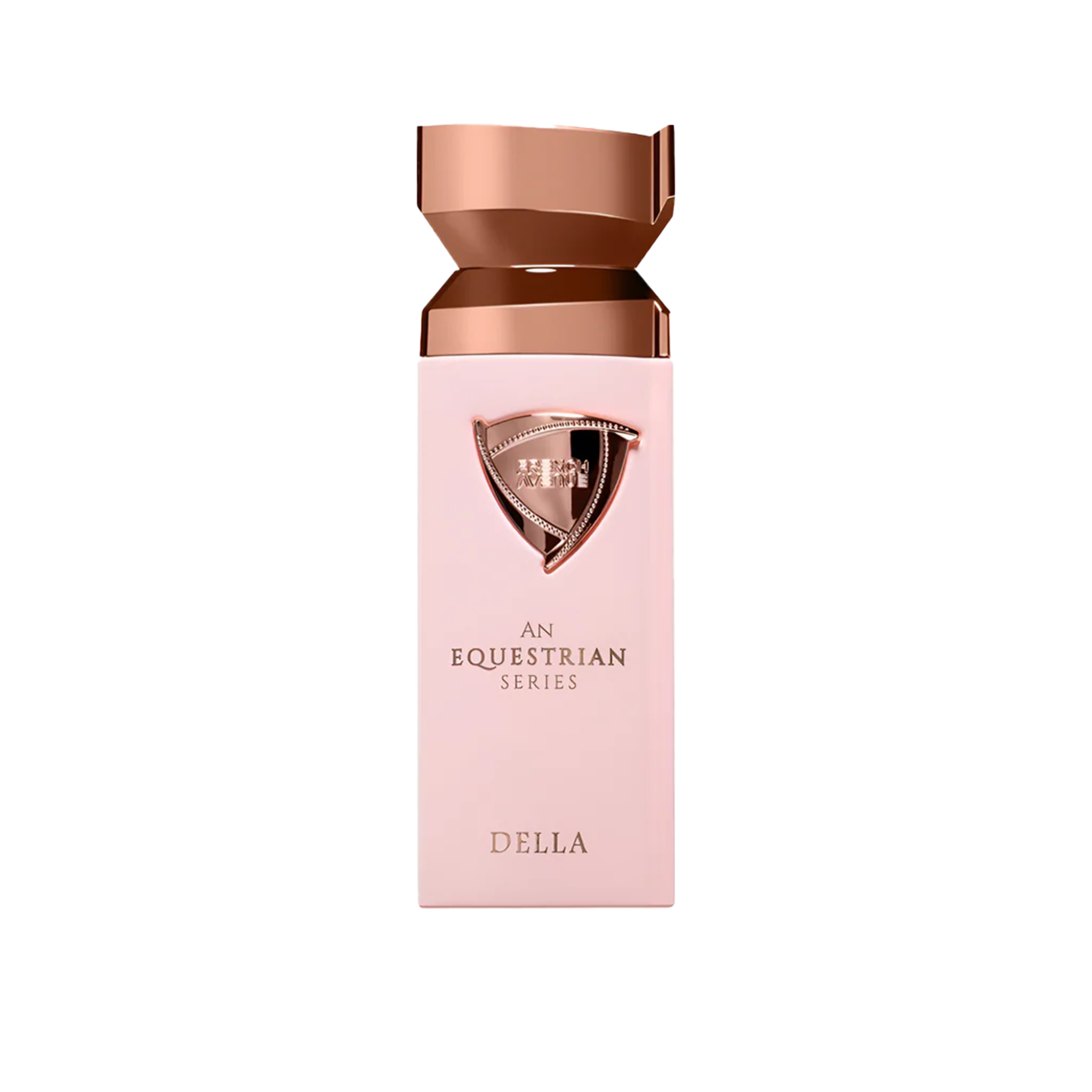 Elegant blush pink Della perfume bottle featuring a rose gold shield emblem and a faceted metallic cap on a white background.della-equestrian-series-blush-pink-rose-gold-perfume-bottle.jpg