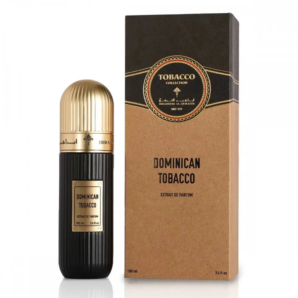 A black perfume bottle with a gold cap on the left and its corresponding cardboard packaging on the right. The bottle features a label with "DOMINICAN TOBACCO" in white text, "Extrait de Parfum 100 ml 3.4 fl.oz" in smaller font, and Arabic calligraphy with the brand name "IBRAHEEM AL QURASHI" above. The packaging is brown with a black top, displaying "TOBACCO COLLECTION" in an ornate circular emblem.
