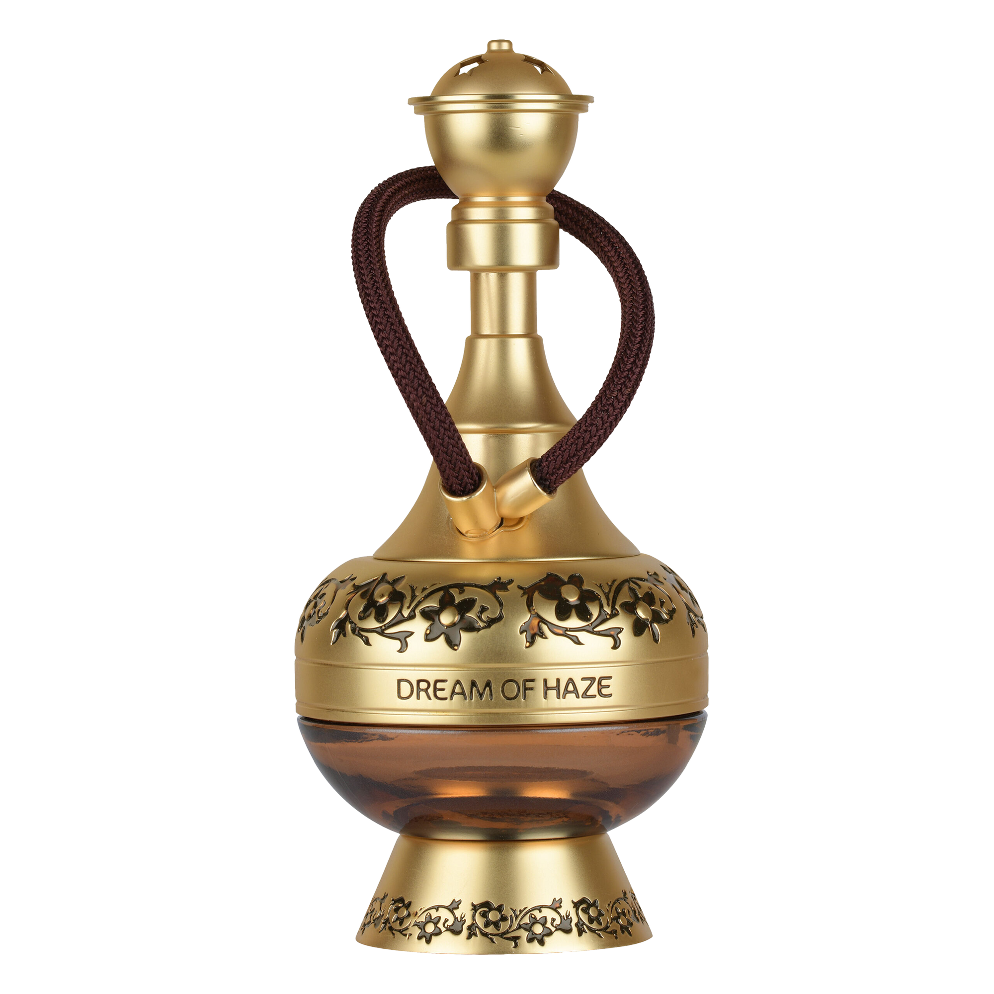 Dream of Haze perfume bottle in matte gold shaped like a miniature hookah, featuring amber glass and floral engravings.dream-of-haze-perfume-gold-hookah-bottle.jpg
