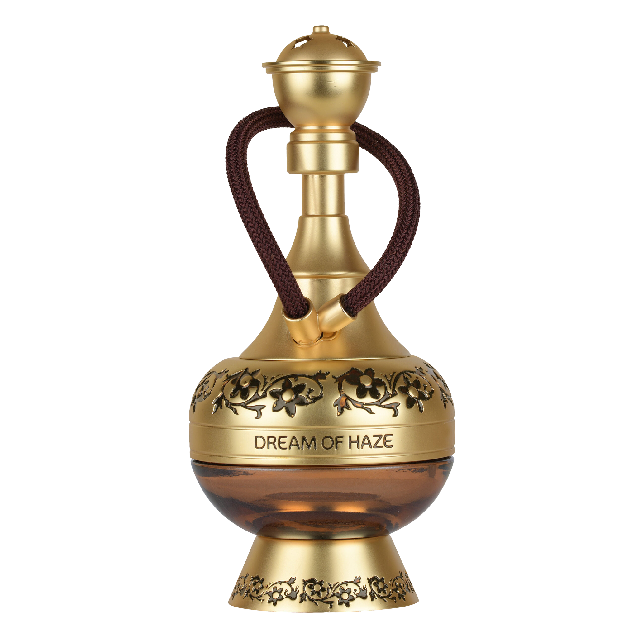 Dream of Haze perfume bottle in matte gold shaped like a miniature hookah, featuring amber glass and floral engravings.dream-of-haze-perfume-gold-hookah-bottle.jpg