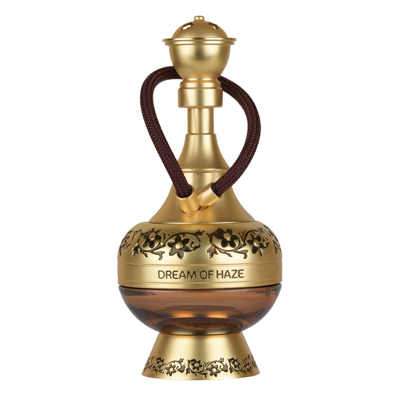 Dream of Haze perfume bottle in matte gold shaped like a miniature hookah, featuring amber glass and floral engravings.dream-of-haze-perfume-gold-hookah-bottle.jpg