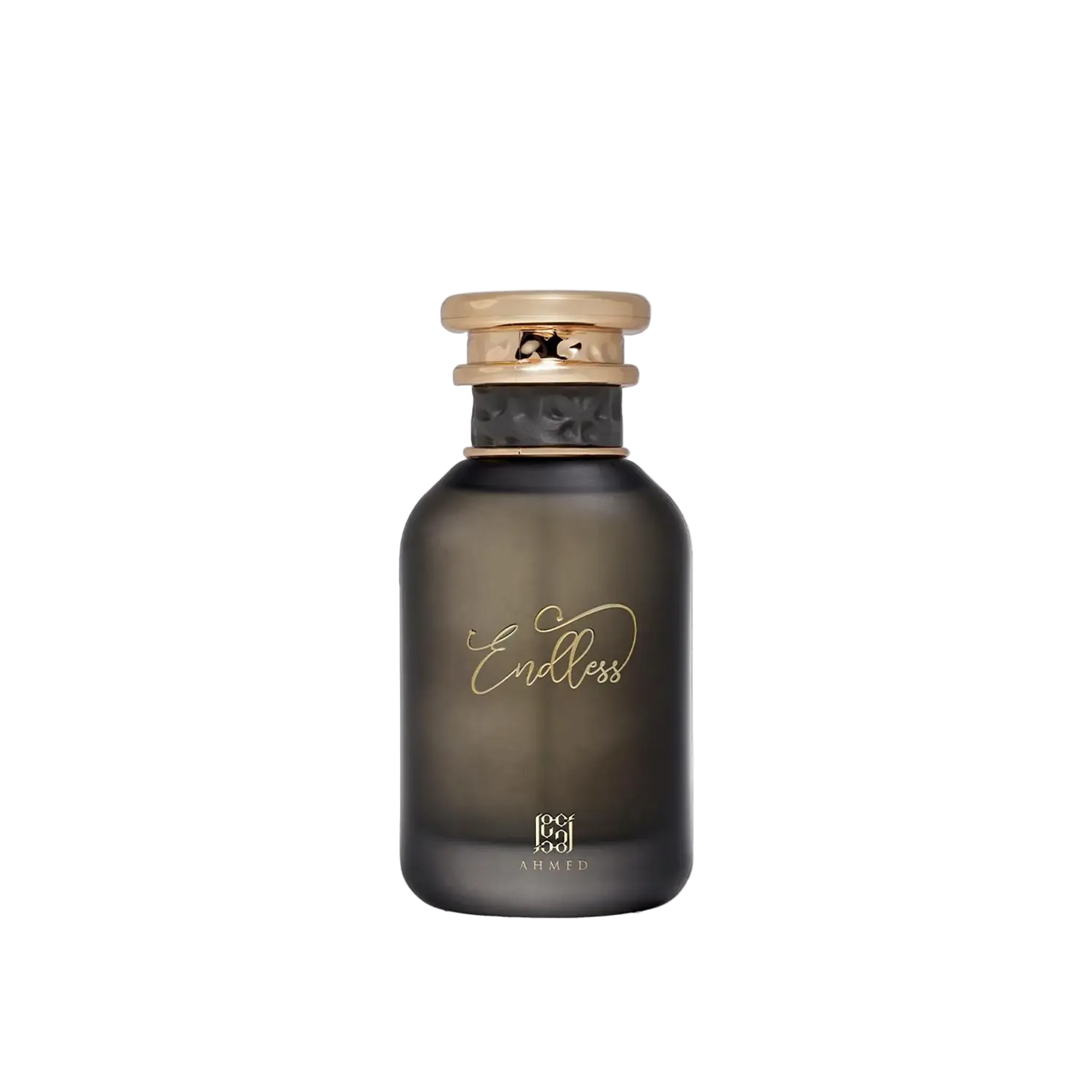 Endless by Ahmed perfume bottle featuring a matte black rounded glass design with gold script, a textured black band, and a gold cap.