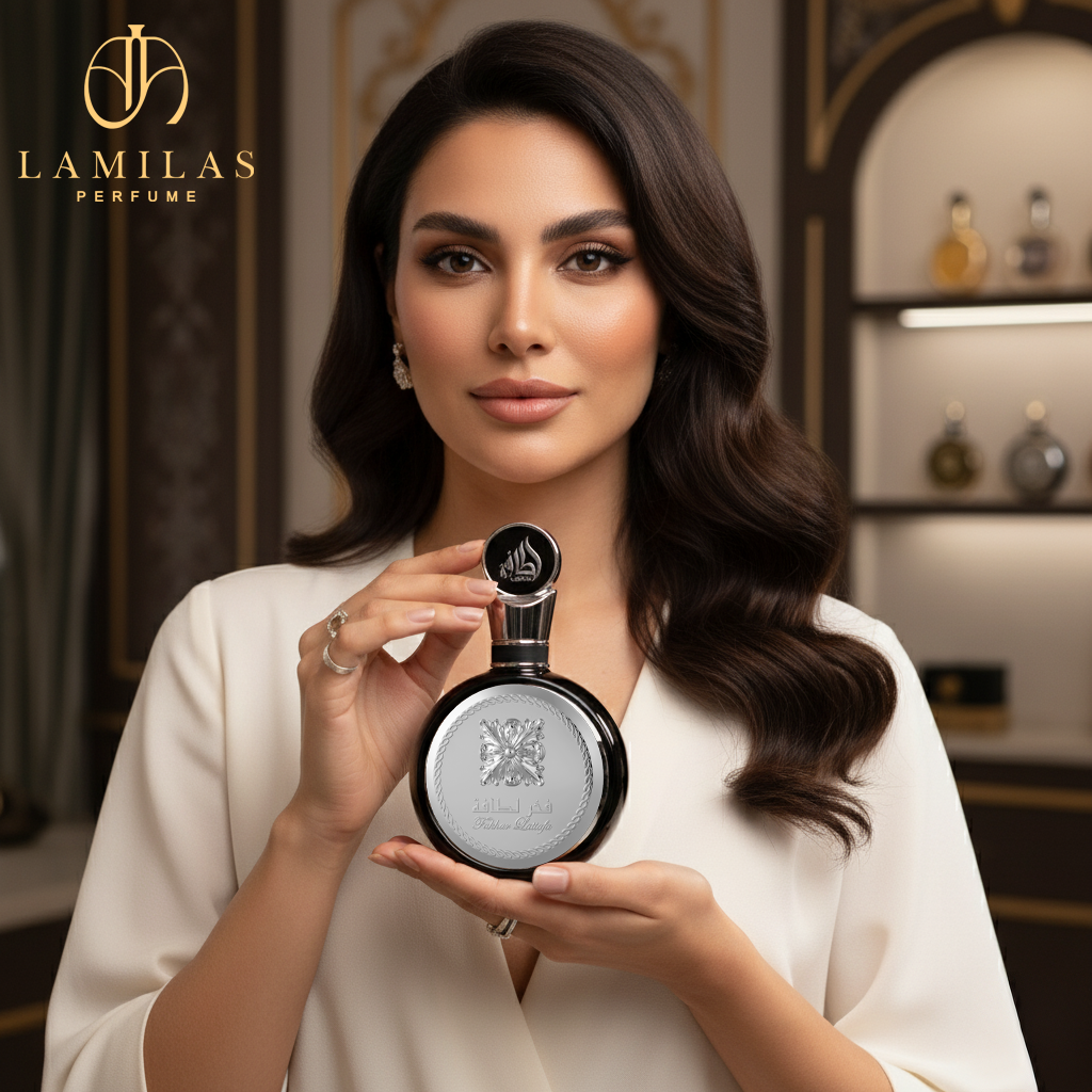 Elegant woman holds a round black Fakhar Lattafa perfume bottle with a silver label in a luxury store setting.