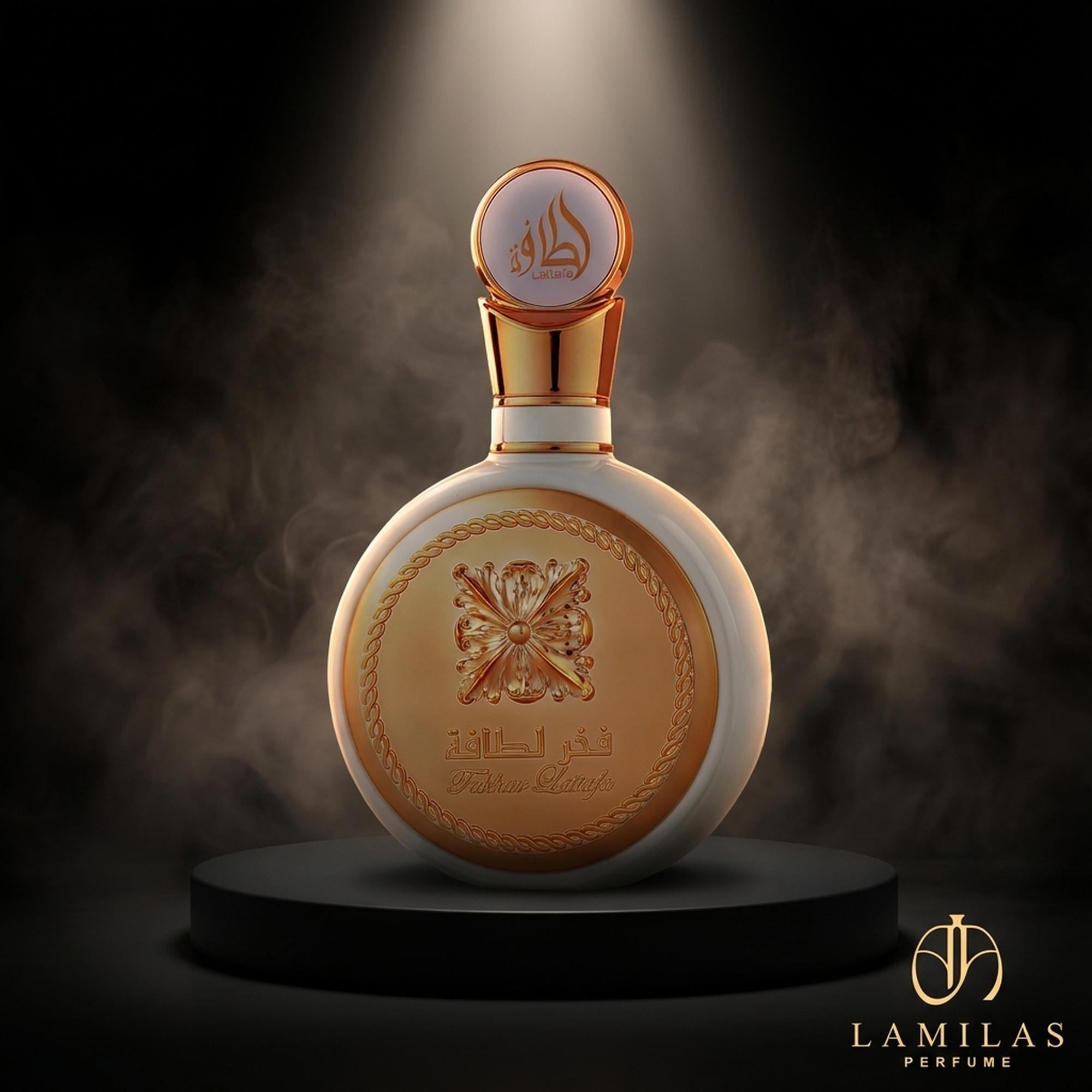 A dramatic shot of the round, white Fakhar Lattafa women's perfume bottle featuring elaborate gold detailing on a black stand.