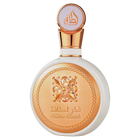 Elegant Fakhar Lattafa perfume bottle, white with a rose gold metallic cap and ornate golden relief detailing on the front.