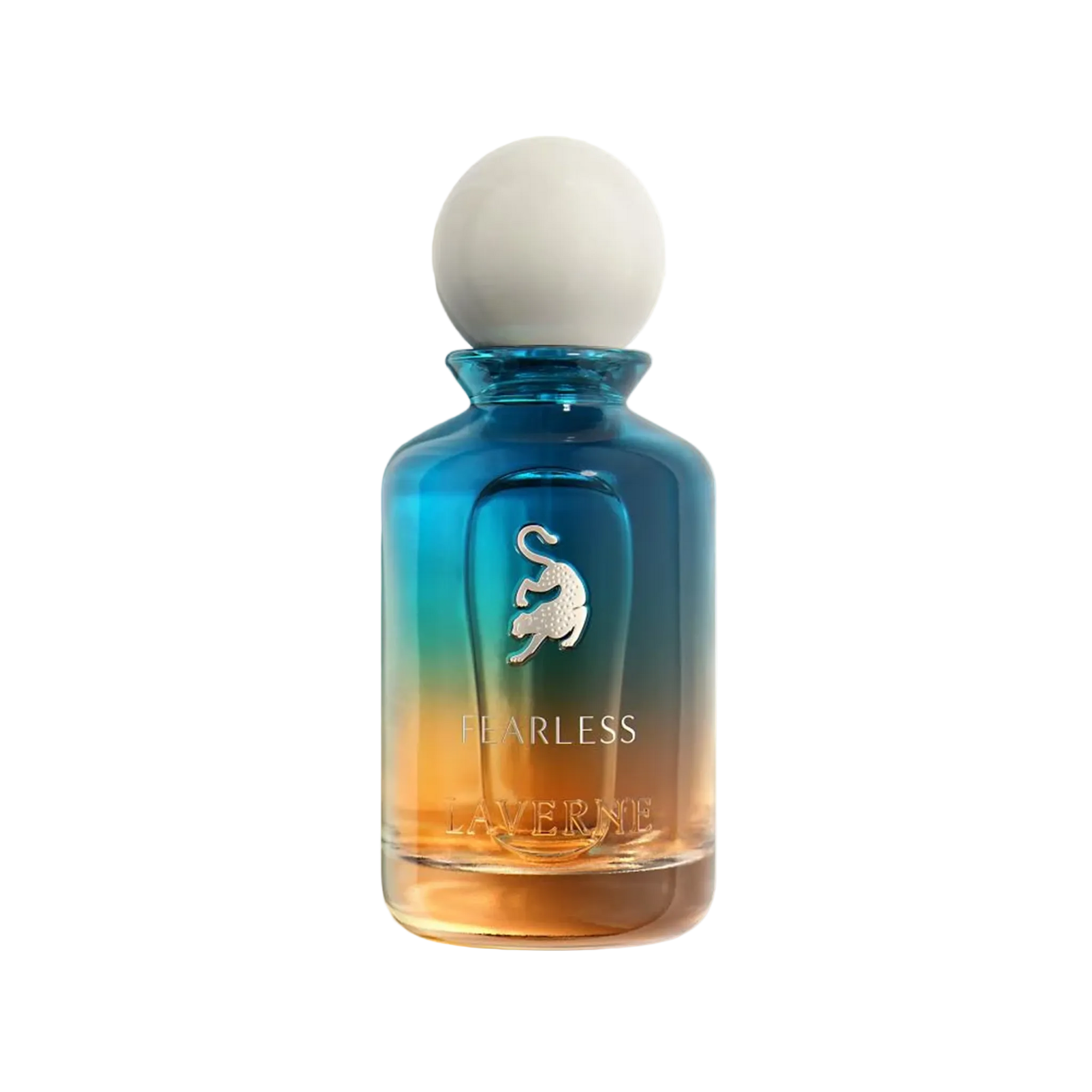 Laverne Fearless perfume bottle in blue-to-amber gradient glass with a white round cap.