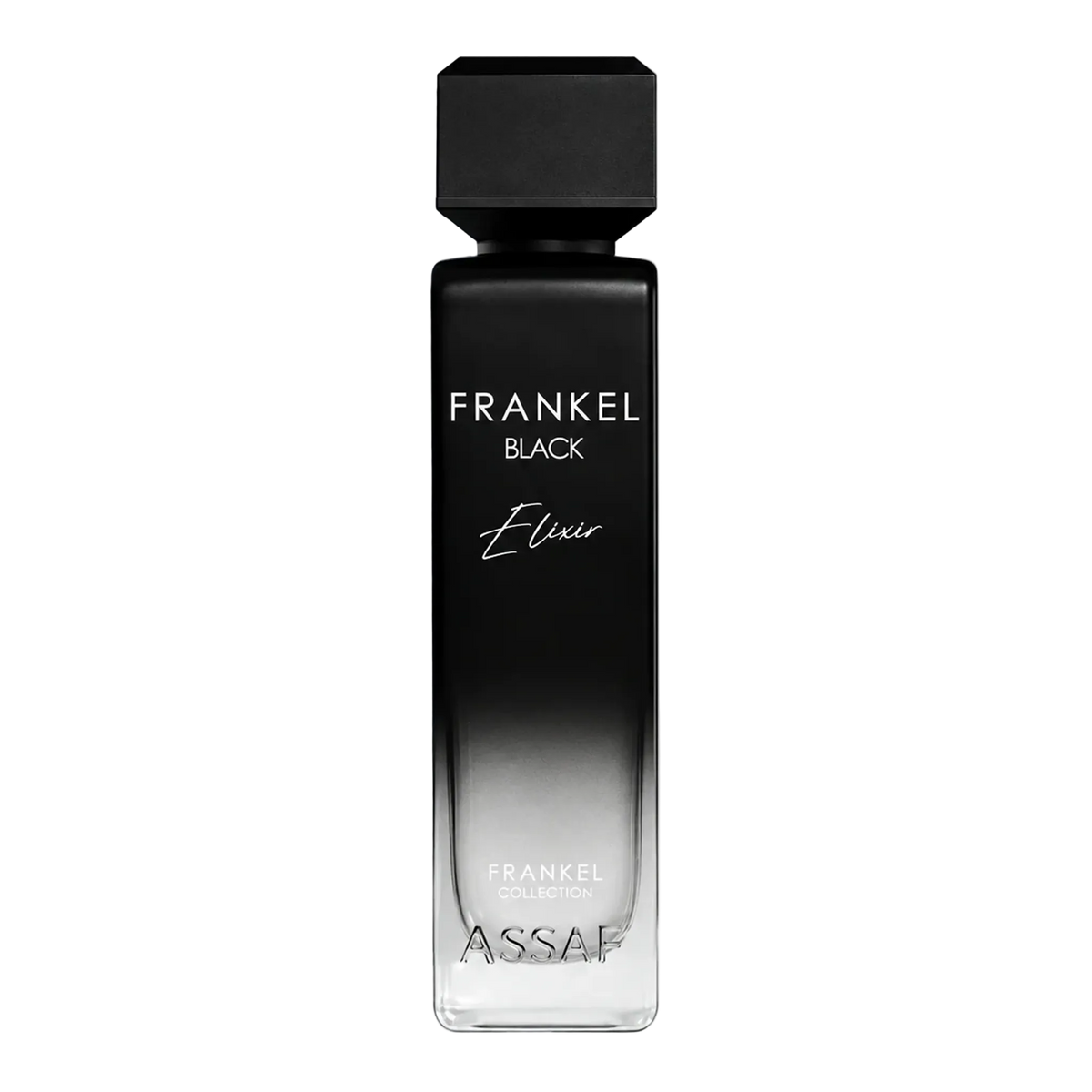 Assaf Frankel Black Elixir perfume bottle in matte black with a modern square cap and gradient glass base.
