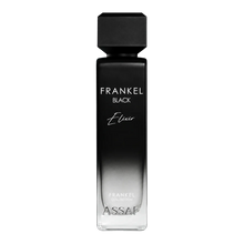 Assaf Frankel Black Elixir perfume bottle in matte black with a modern square cap and gradient glass base.