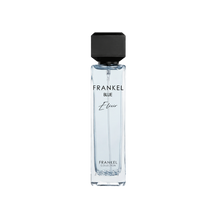 Frankel Blue Elixir perfume bottle with clear glass design and black cap.