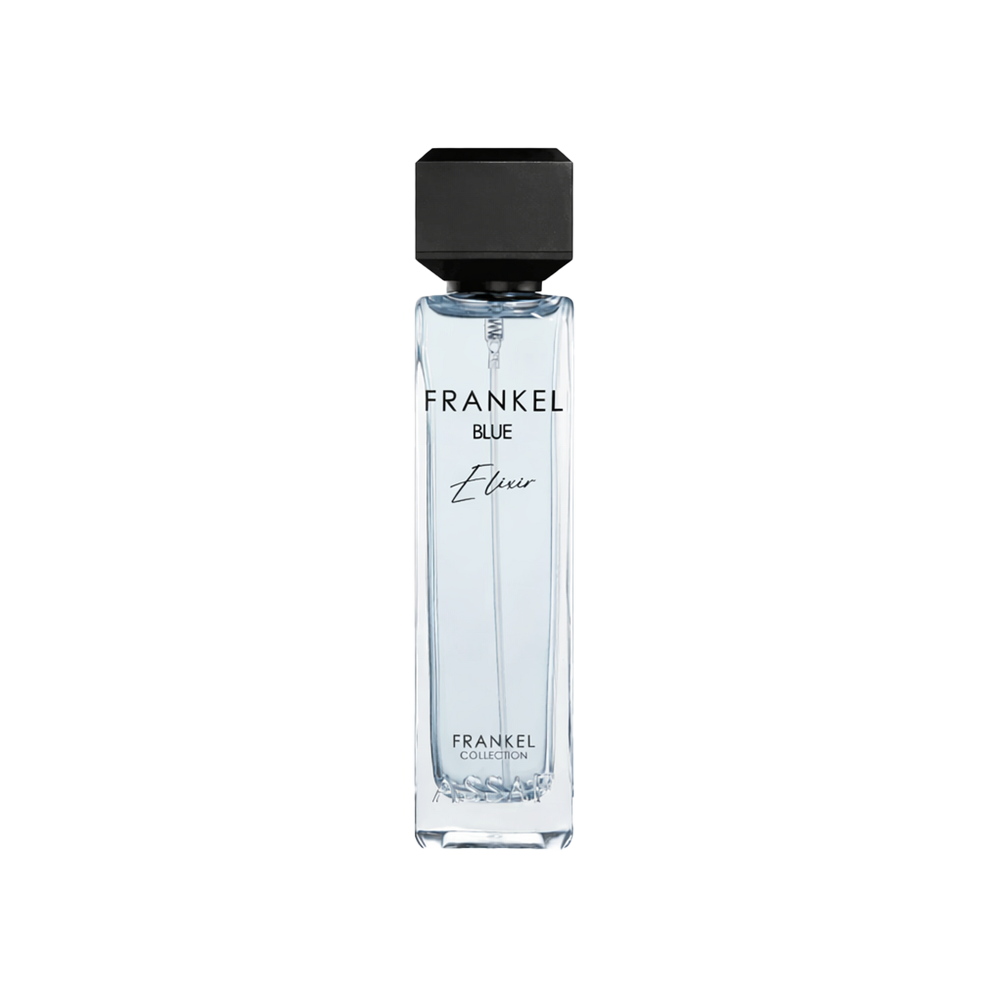 Frankel Blue Elixir perfume bottle with clear glass design and black cap.