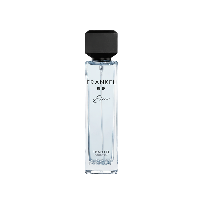 Frankel Blue Elixir perfume bottle with clear glass design and black cap.