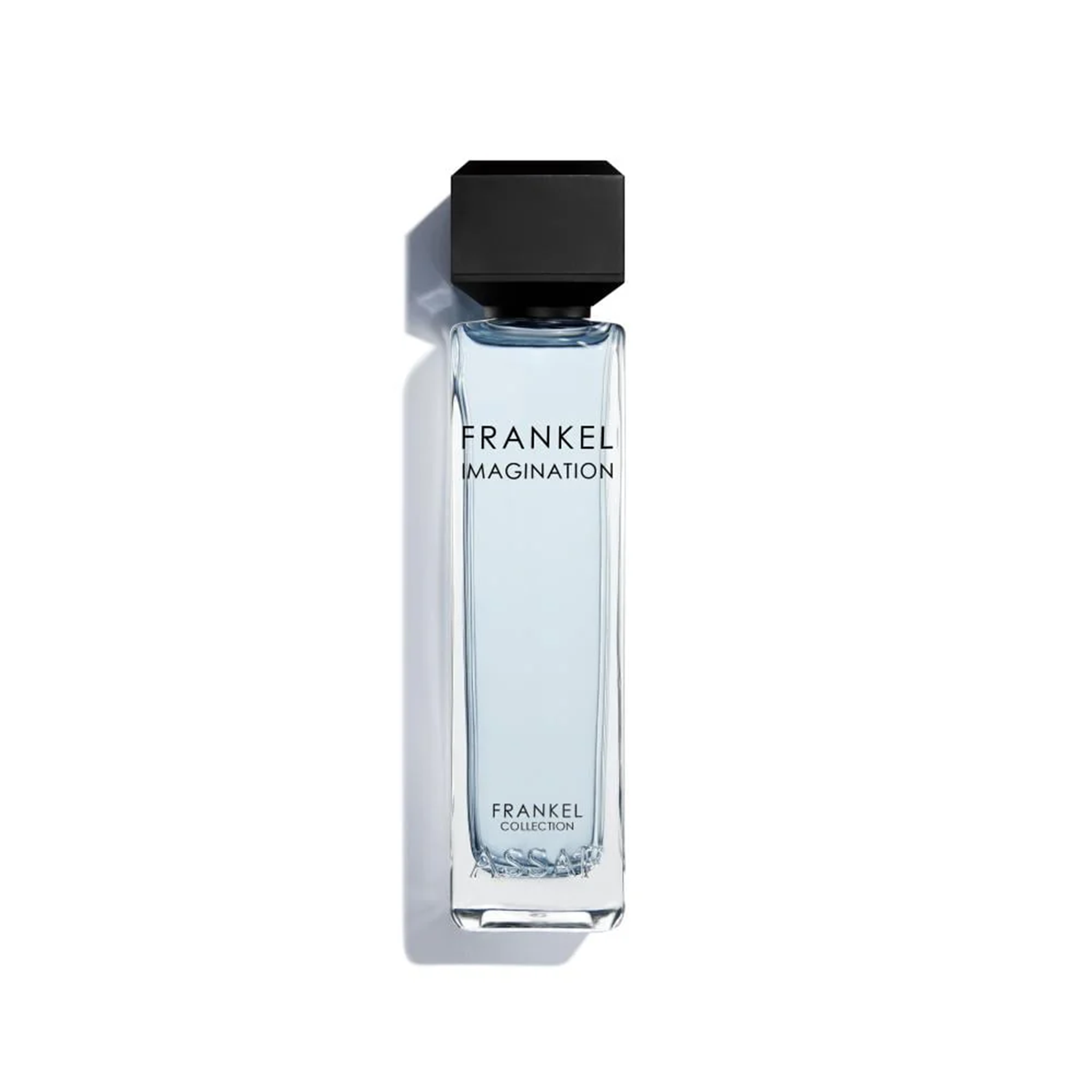 Assaf Frankel Imagination perfume bottle in clear glass with pale blue liquid and a square black cap.