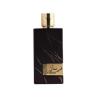 Luxurious Fursan dark brown perfume bottle with striking gold accent lines, isolated against a black background.