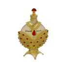 The image displays an opulent perfume bottle with a white background. The body of the bottle is a pale, translucent yellow, topped with a bright red cap resembling a gemstone.