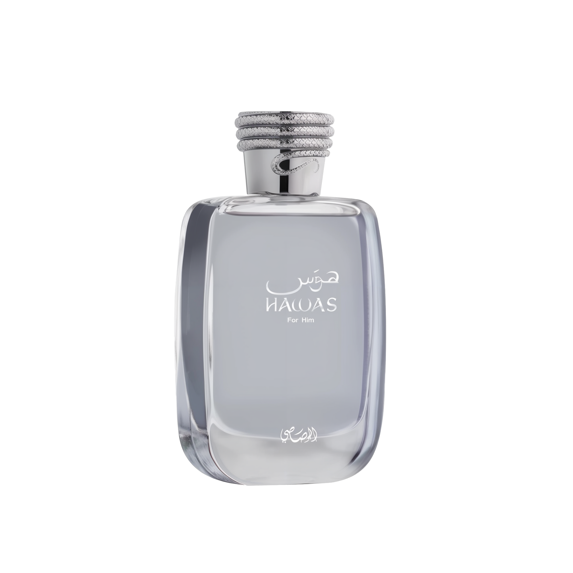 A close-up of the HAWAS For Him perfume bottle by Al Rasasi. It's a clear, rectangular glass bottle with rounded edges, filled with a light blue tinted liquid. The bottle features elegant white Arabic and English lettering that reads "HAWAS For Him." The cap is a textured silver, resembling a coiled rope design, which adds a sophisticated touch. The base of the bottle also has a delicate, white Arabic script logo.