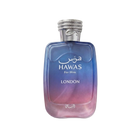 Hawas For Him London perfume in a blue-to-pink gradient glass bottle with a silver textured cap.